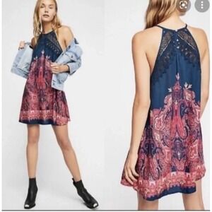 Intimately Free People Shea Printed Slip Mini Dress Crochet size S Blue Pink